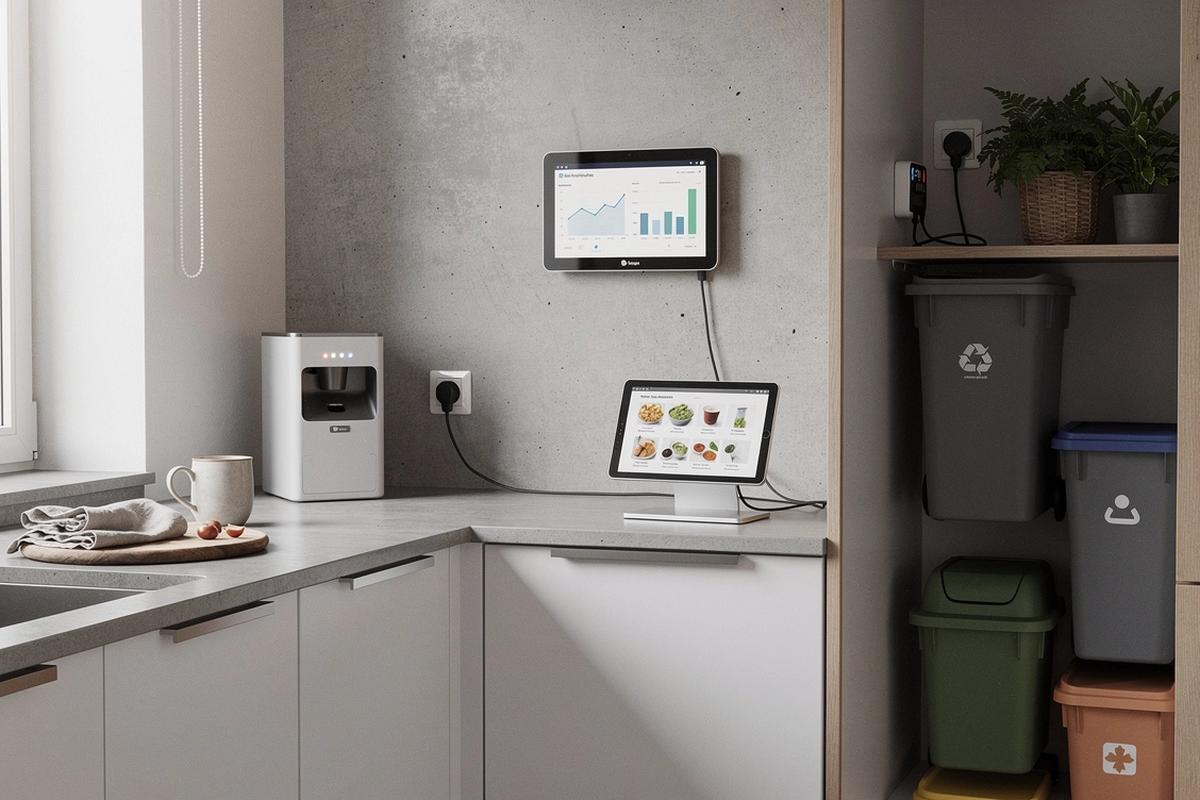 Modern apartment kitchen with smart utility gadgets on a tidy counter